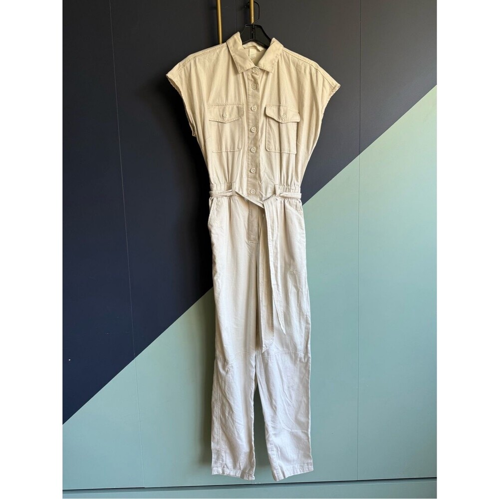 H&M 100% Cotton Short Sleeved Utility Jumpsuit, Light Beige, Size XS